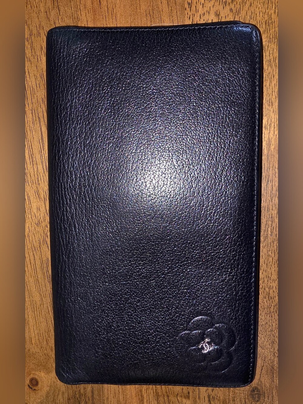 CHANEL Black Lambskin Leather Billfold Camellia Floral Accent With CC Emblem